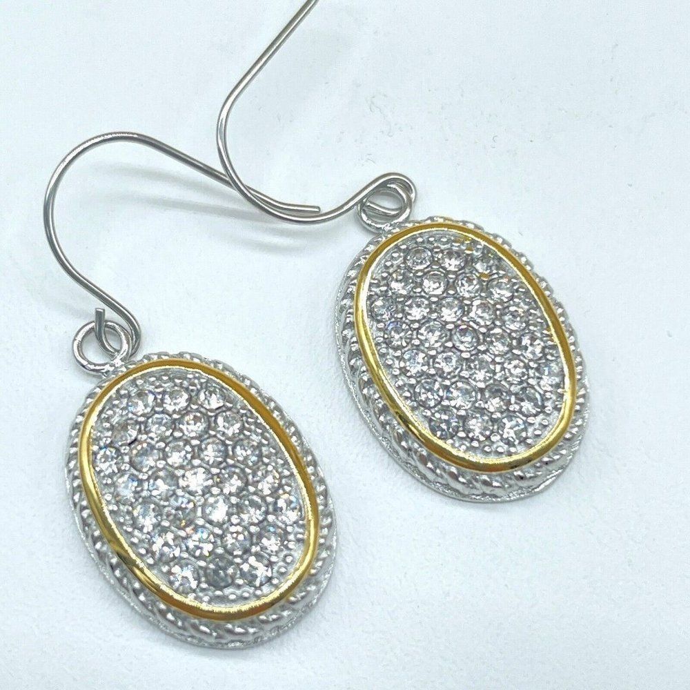 Emma Skye Silver Tone Pave Crystal Drop Earrings Gold Tone Accent Oval Shape